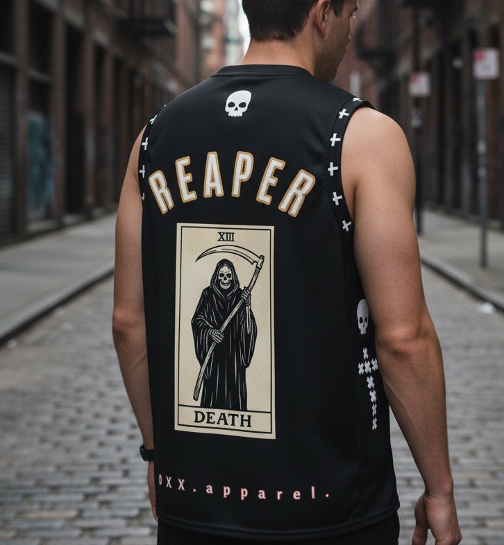 Black sleeveless shirt with 'REAPER' and tarot card design on a white background