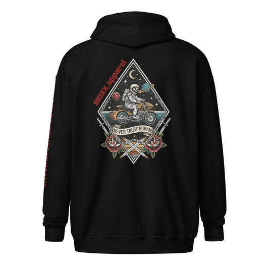 Black hoodie with a graphic design on the back featuring an astronaut and text.