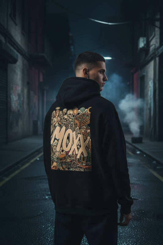 Black hoodie with colorful graphic design and 'MOXX' text on a white background