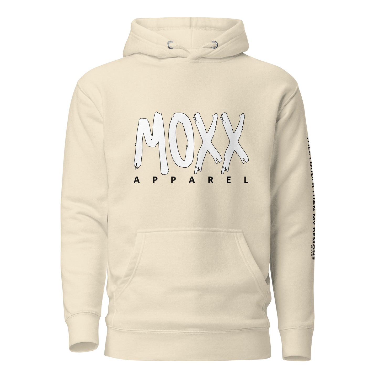 Beige hoodie with 'MOXX APPAREL' text on a white background