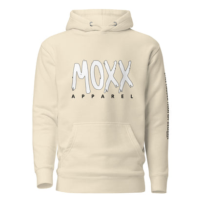 Beige hoodie with 'MOXX APPAREL' text on a white background