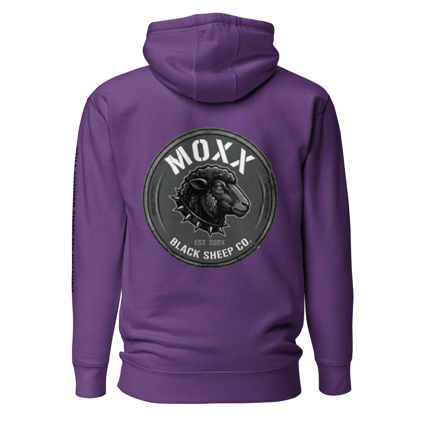 Purple hoodie with 'MOXX Black Sheep Co.' logo on the back against a white background