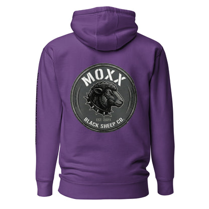 Purple hoodie with 'MOXX Black Sheep Co.' logo on the back against a white background