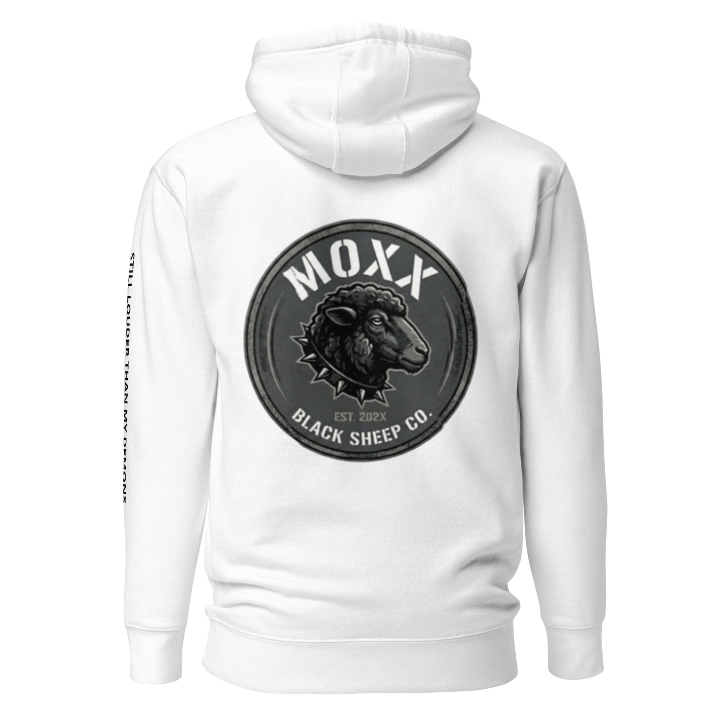 White hoodie with MOXX Black Sheep Co logo on the back against a white background