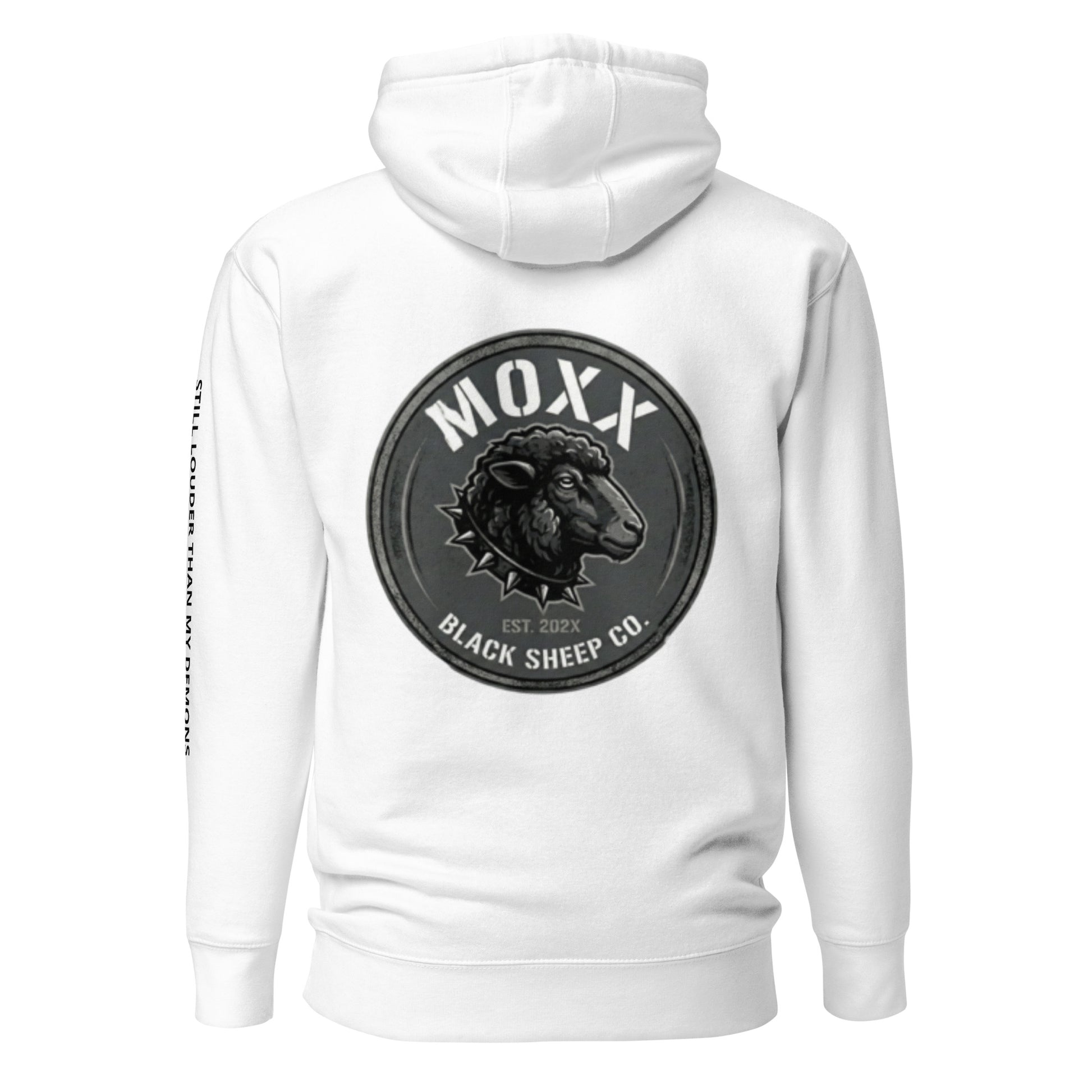 White hoodie with MOXX Black Sheep Co logo on the back against a white background