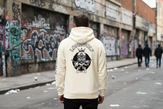 Beige hoodie with 'LONEWOLF' graphic design on a white background