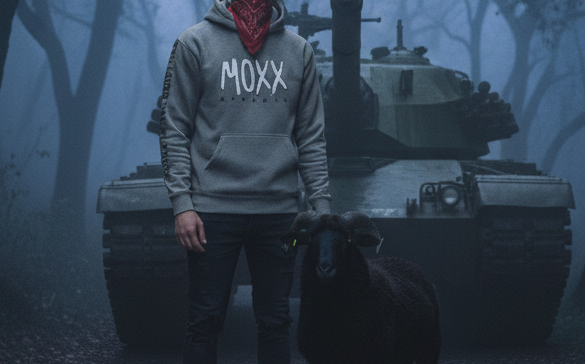 Person in a forest with a tank in the background