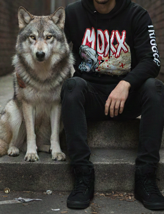 Man sitting on steps with a wolf-like dog in an alleyway