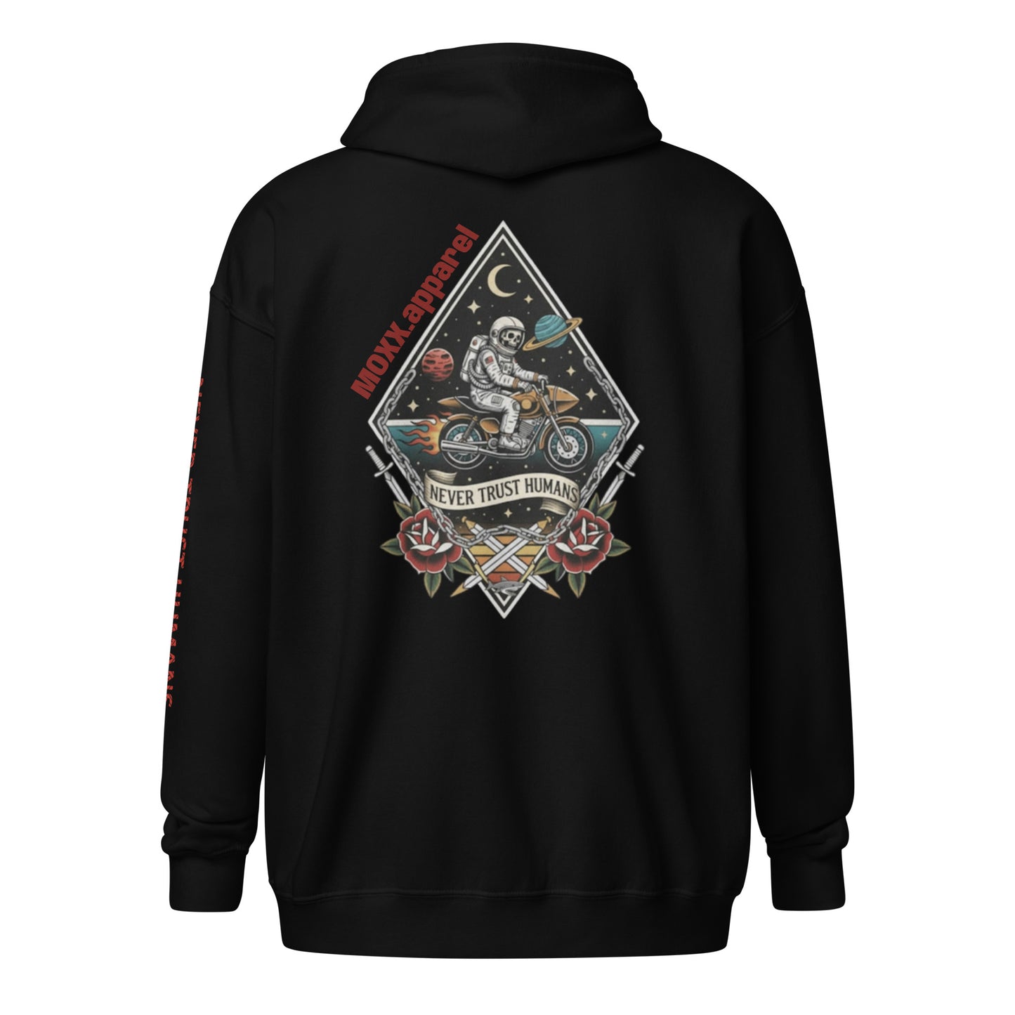 Black hoodie with a graphic design on the back featuring an astronaut and text.