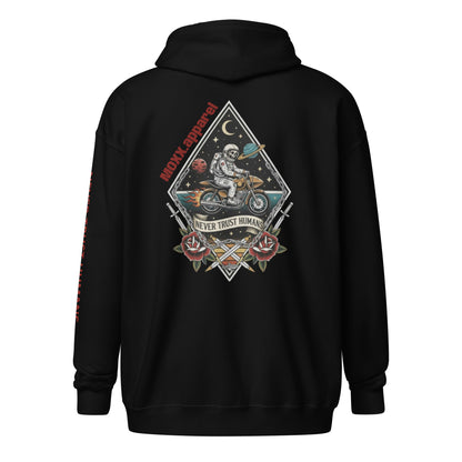 Black hoodie with a graphic design on the back featuring an astronaut and text.