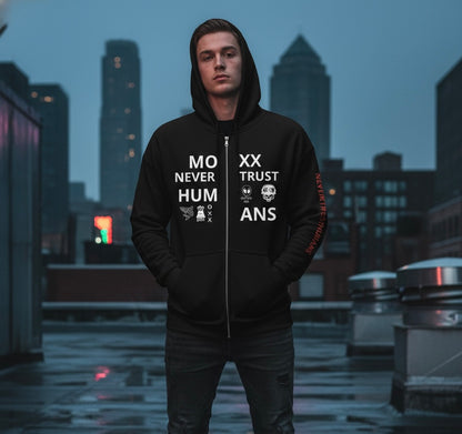 Person wearing a black hoodie with text and graphics, standing on a rooftop with cityscape in the background