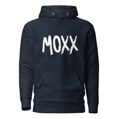 Navy hoodie with 'MOXX APPAREL' text on a white background