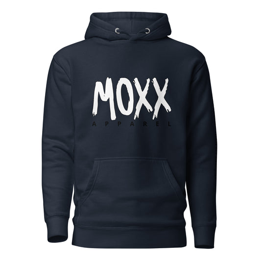 Navy hoodie with 'MOXX APPAREL' text on a white background
