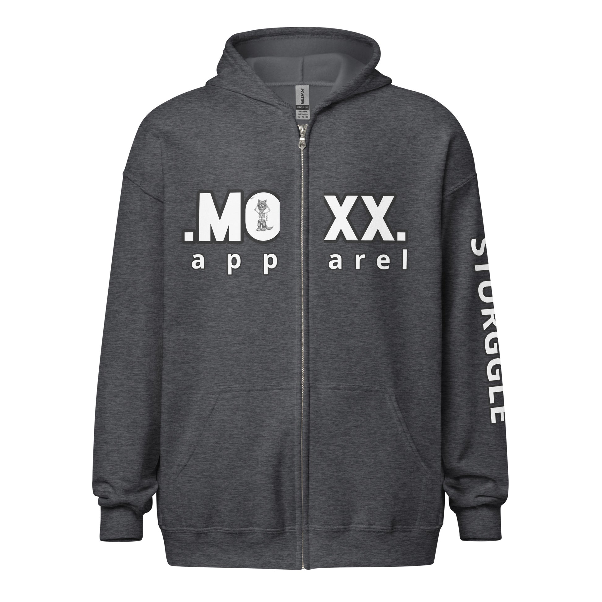 Dark gray hoodie with white text on a white background