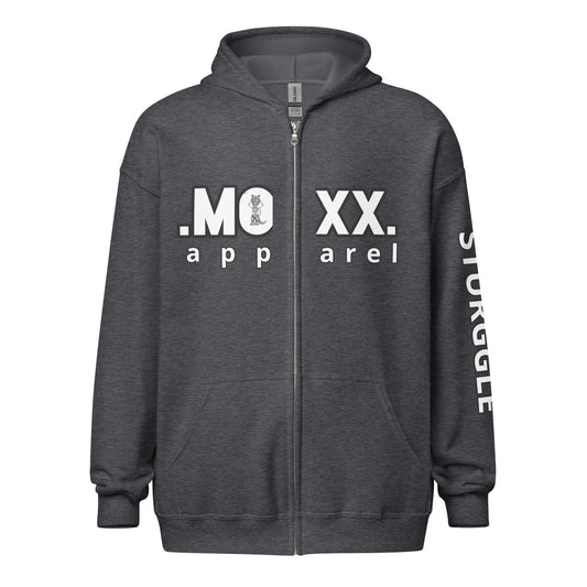 Dark gray hoodie with white text on a white background