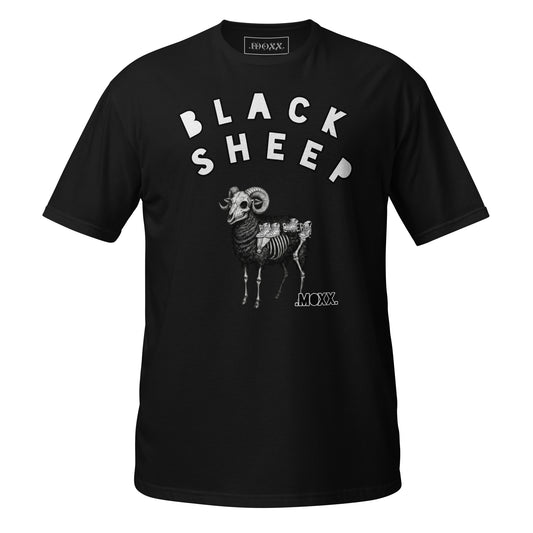 Black t-shirt with 'Black Sheep' graphic design on a white background