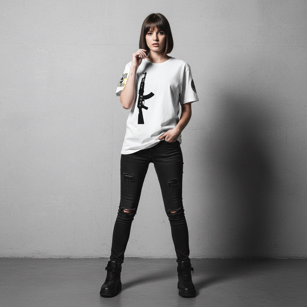 White t-shirt with black rifle graphic and text on a white background