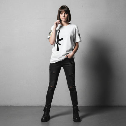White t-shirt with black rifle graphic and text on a white background