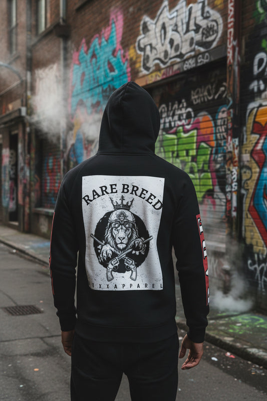 Black hoodie with 'Rare Breed' graphic design on a white background