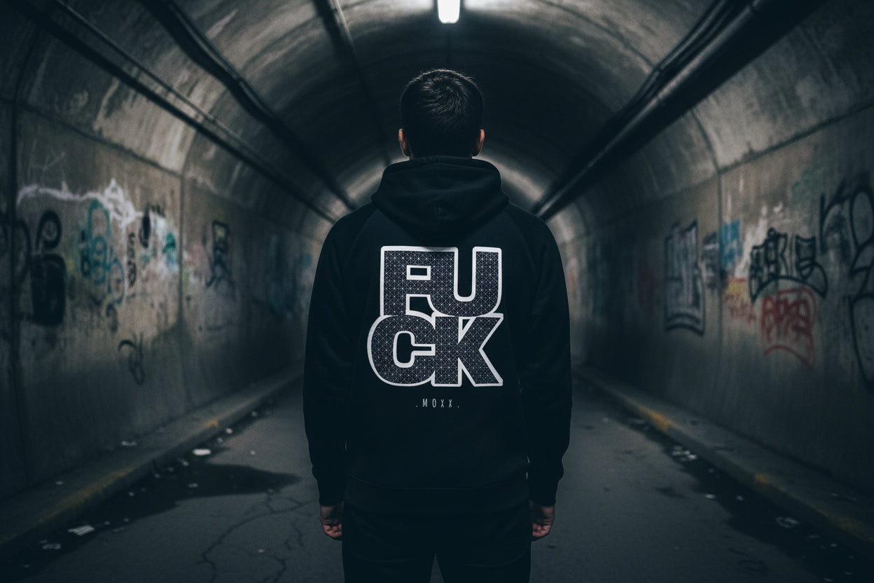 Black hoodie with white graphic design on the back on a white background