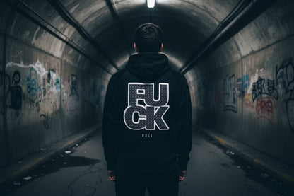 Black hoodie with white graphic design on the back on a white background
