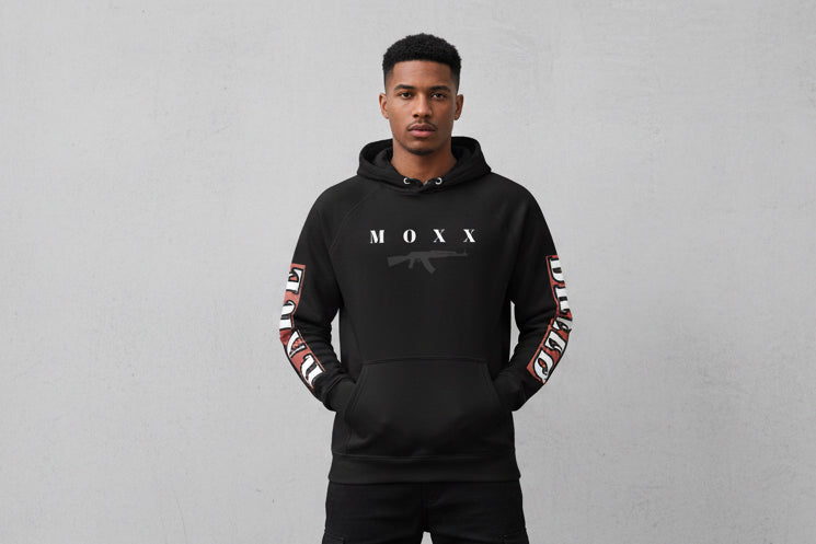 Black hoodie with 'MOXX' logo and sleeve designs on a white background