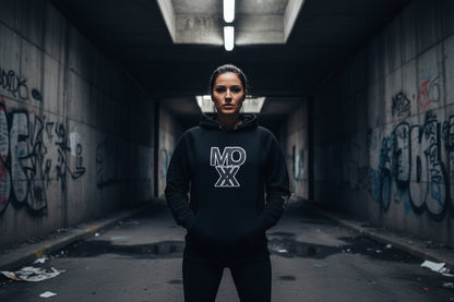 Black hoodie with 'MOXX' logo on a white background