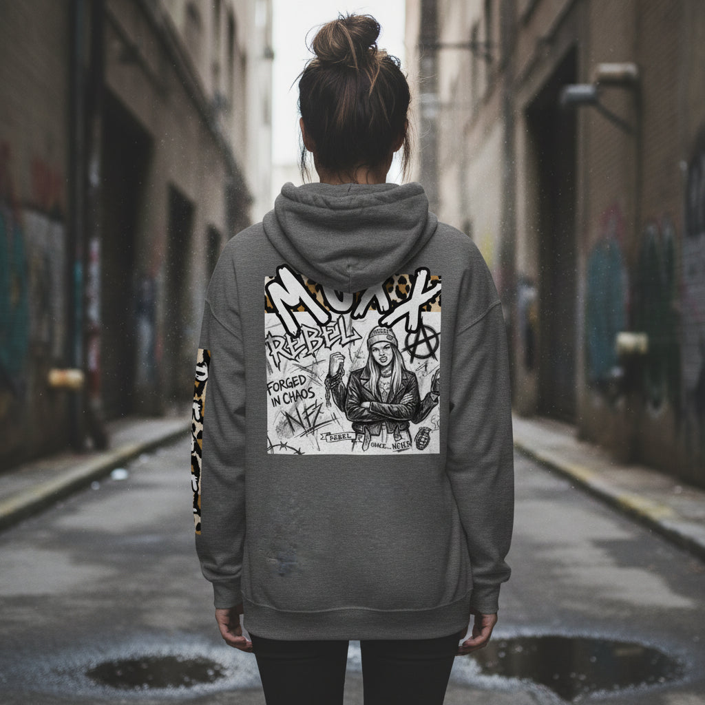 Gray hoodie with graphic design on the back featuring a person and text.