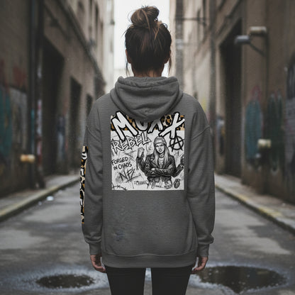Gray hoodie with graphic design on the back featuring a person and text.