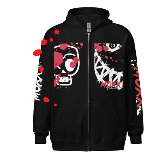 Black hoodie with red and white graphics on a wooden background