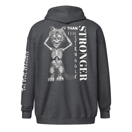 Dark gray hoodie with a graphic design on the back featuring a skeleton and text.