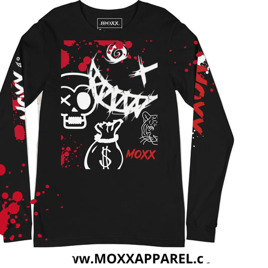 Black long-sleeve shirt with white and red graphics and 'MOXX' branding on a light wood background.