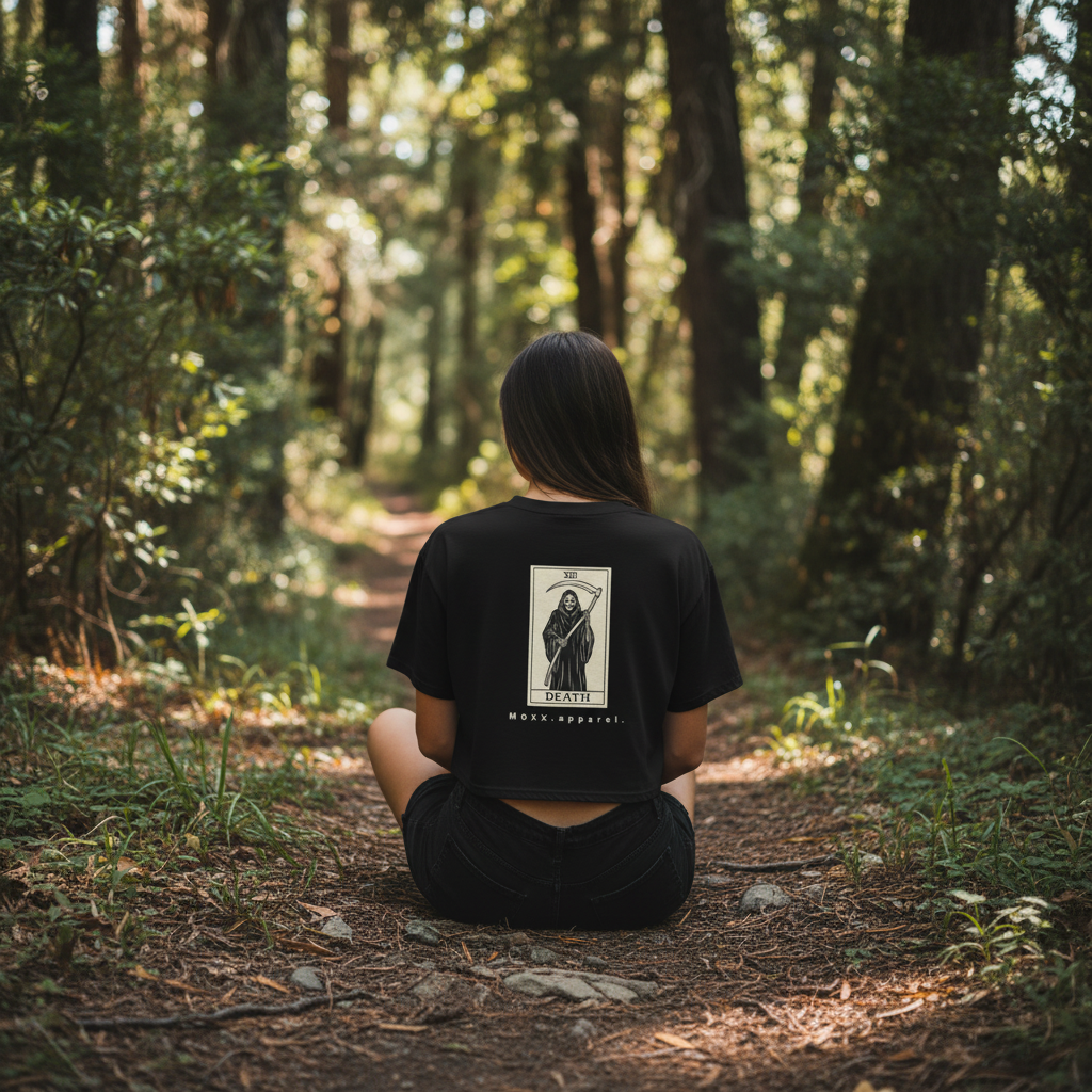 Black t-shirt with a graphic of the Grim Reaper and 'MOXX.apparell' branding on the back.