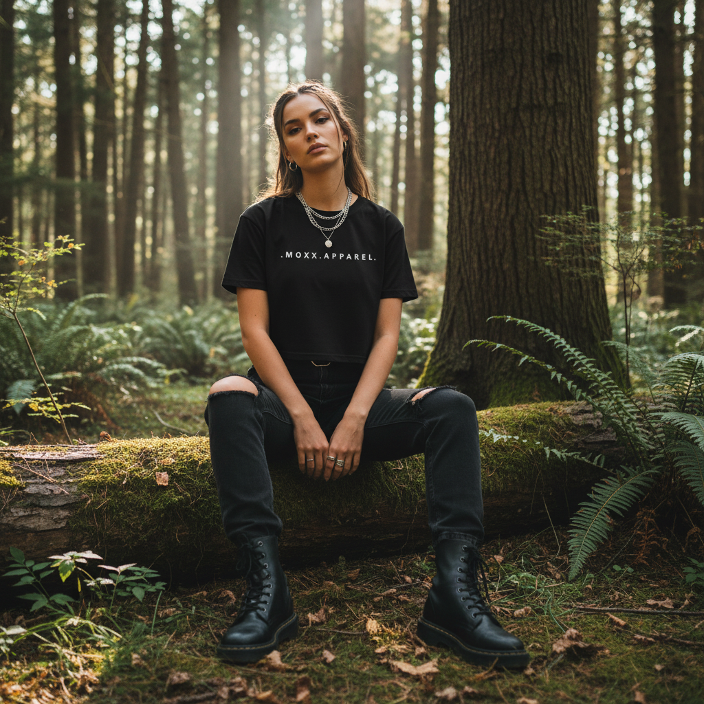 Black crop top with 'MOXX.APPAREL' text on a white background